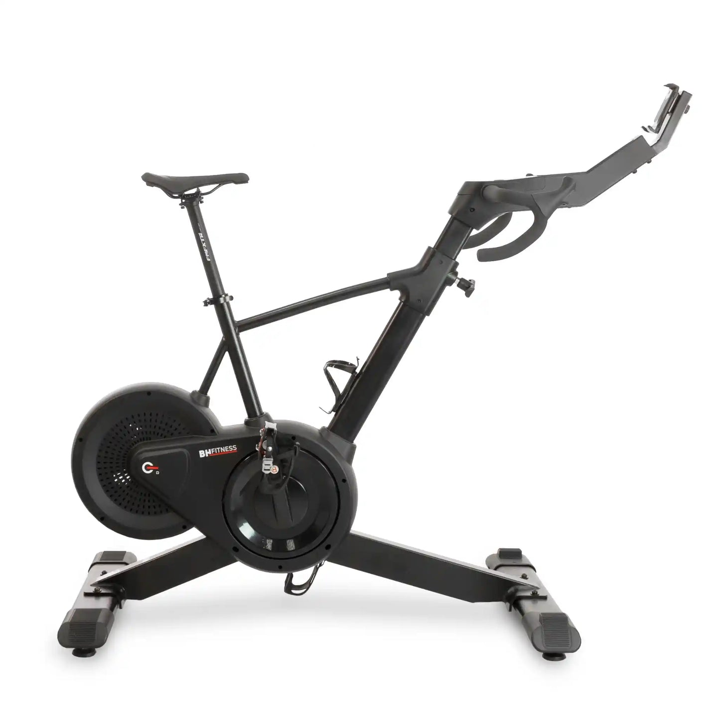 Black exercise bike on a white background