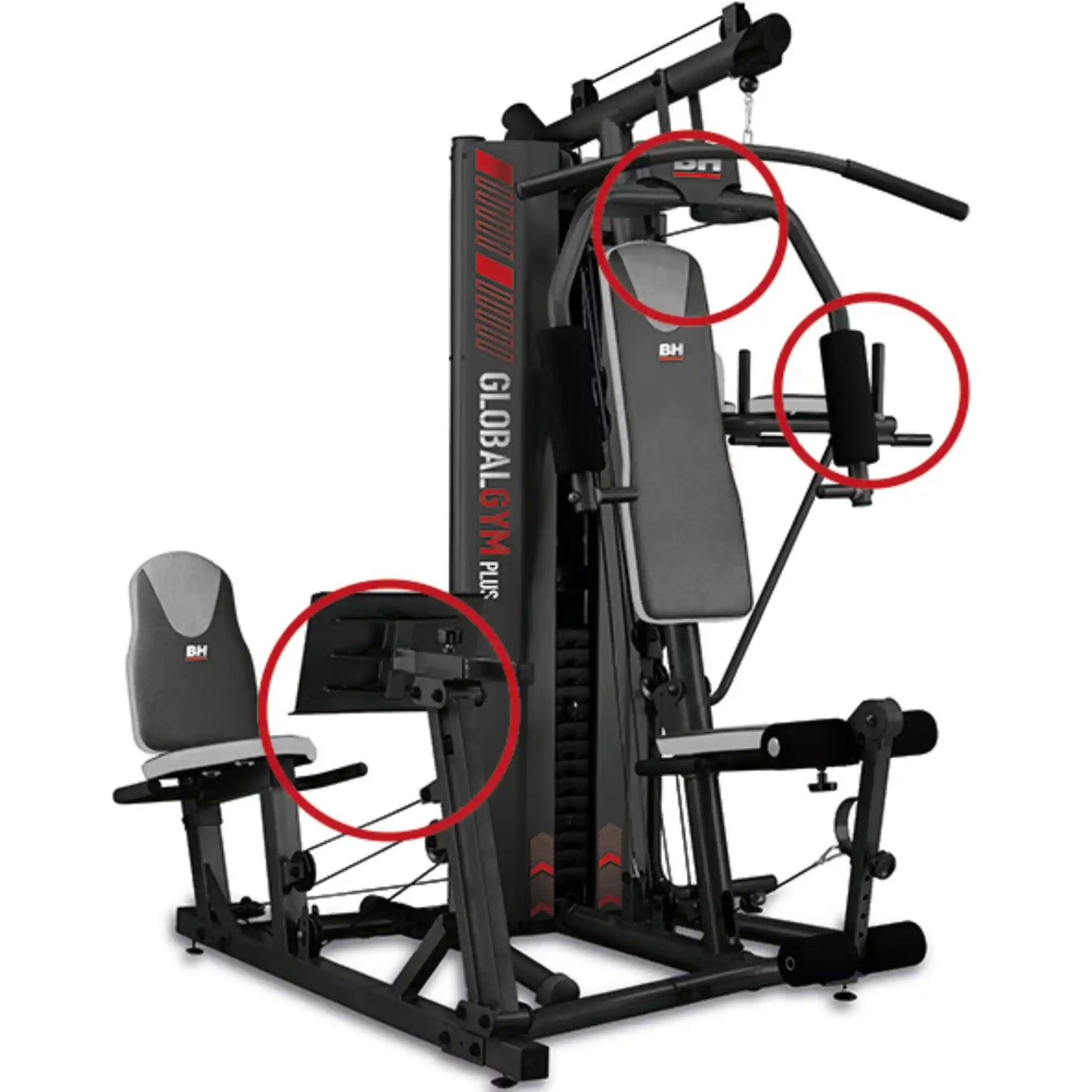 Gym machine with red circles highlighting workout stations on a white background