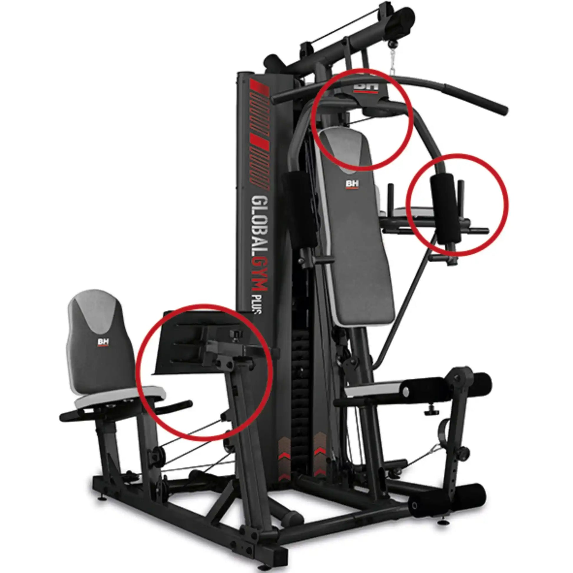 Gym machine with red circles highlighting workout stations on a white background