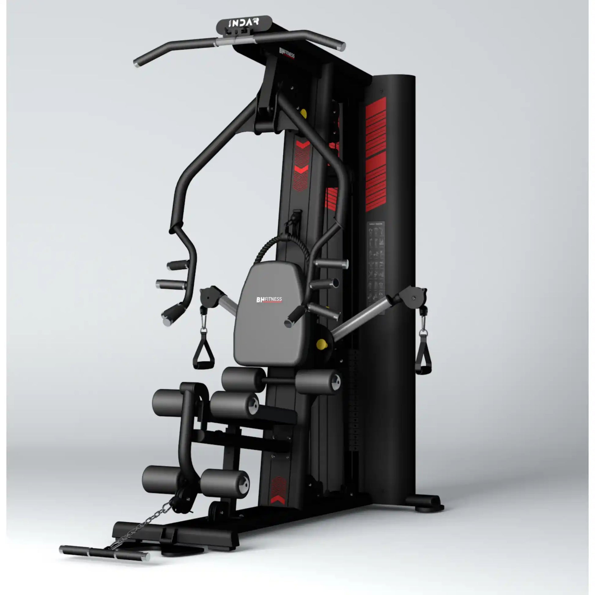 Multigym fitness machine with various attachments on a gray background
