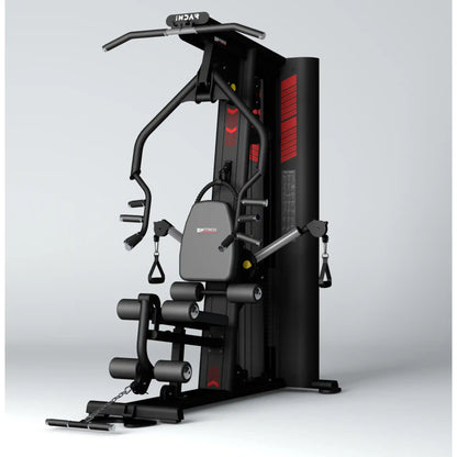 Multigym fitness machine with various attachments on a gray background