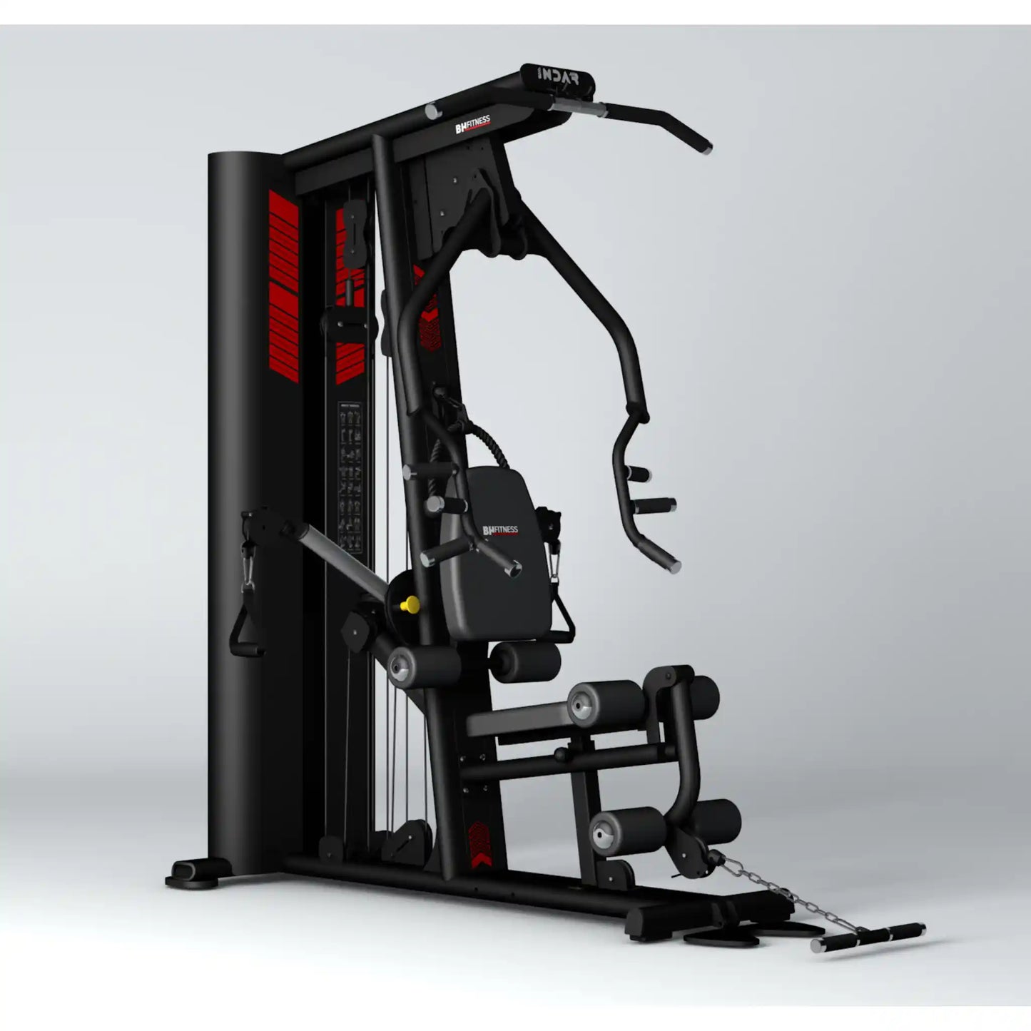 Gym machine with red accents on a grey background