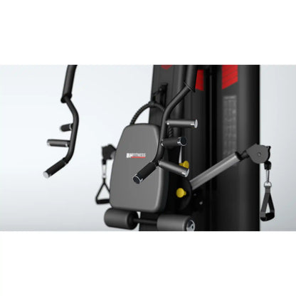 Close up of handles of black and red multi gym on grey background