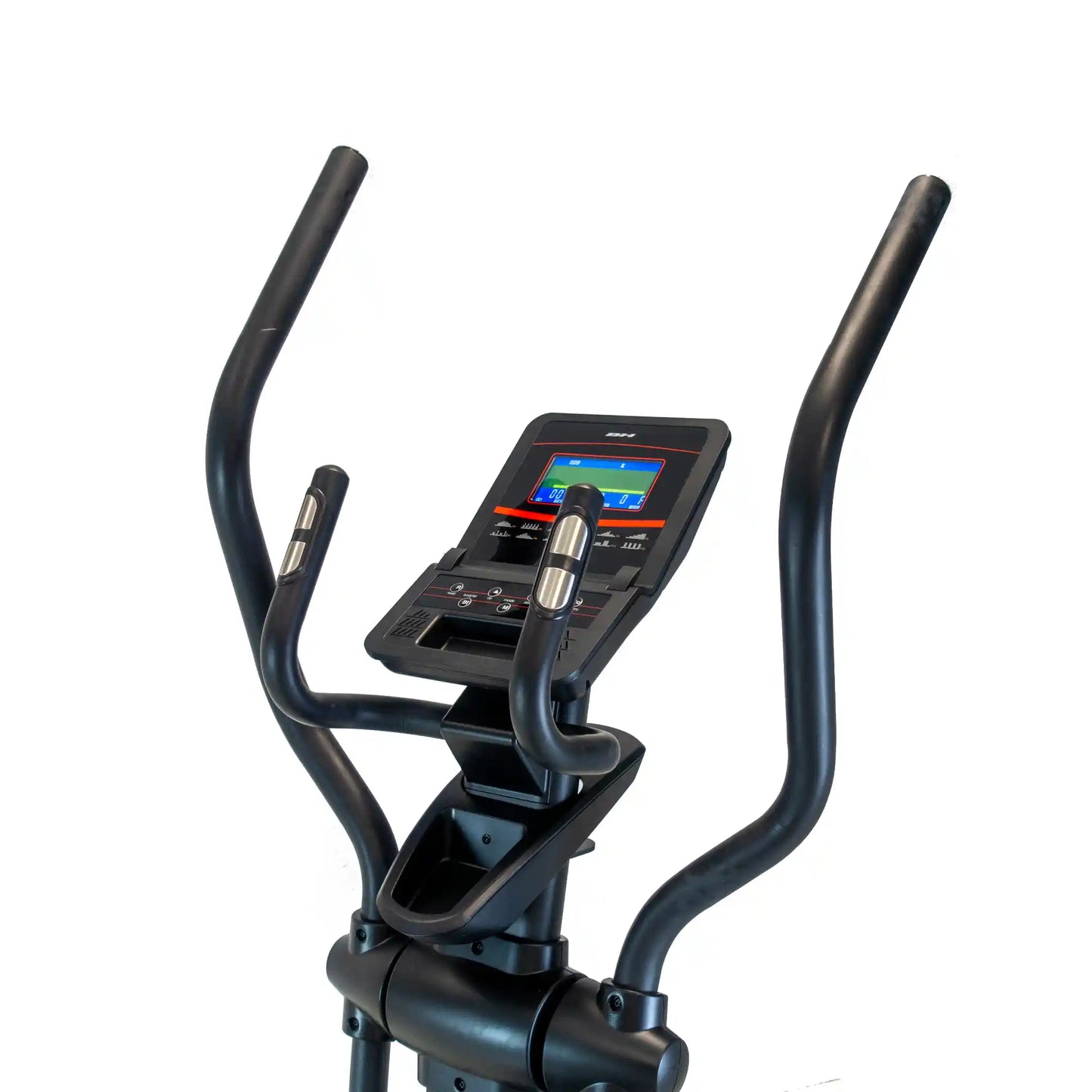 Close-up of a black cross trainer machine with a digital display on a white background