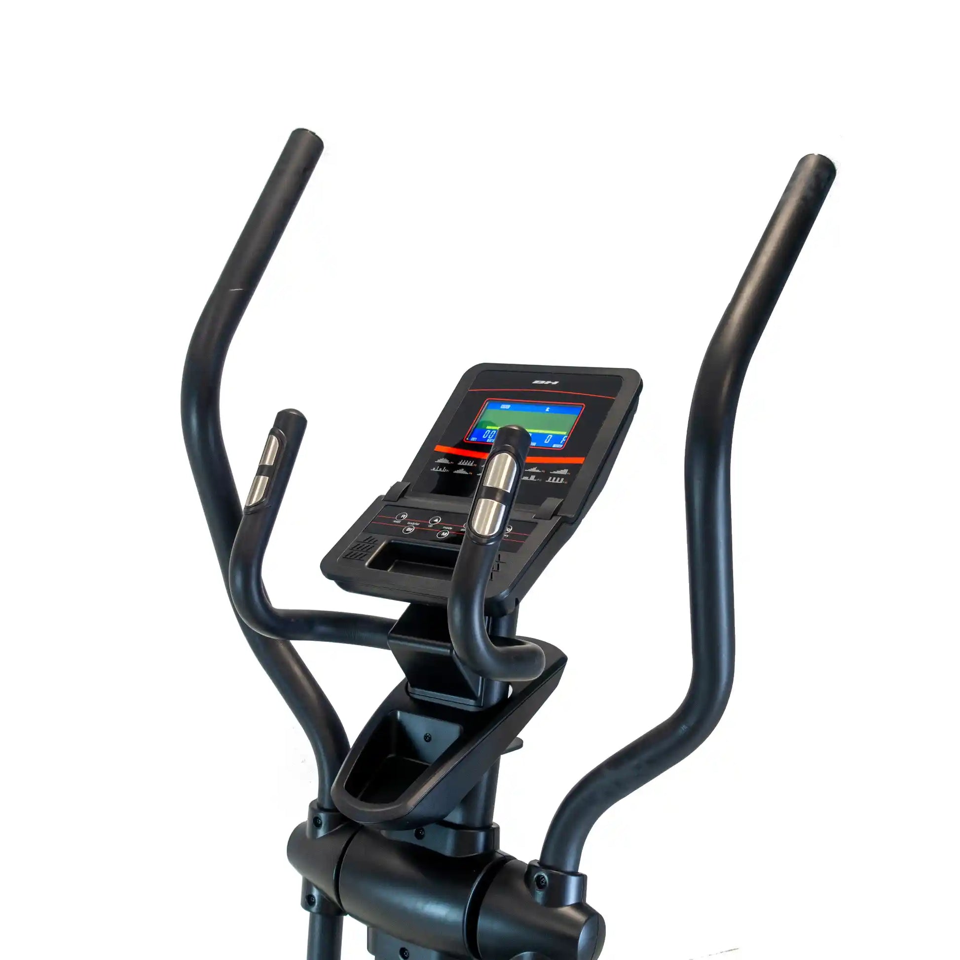 Close-up of a black cross trainer machine with a digital display on a white background