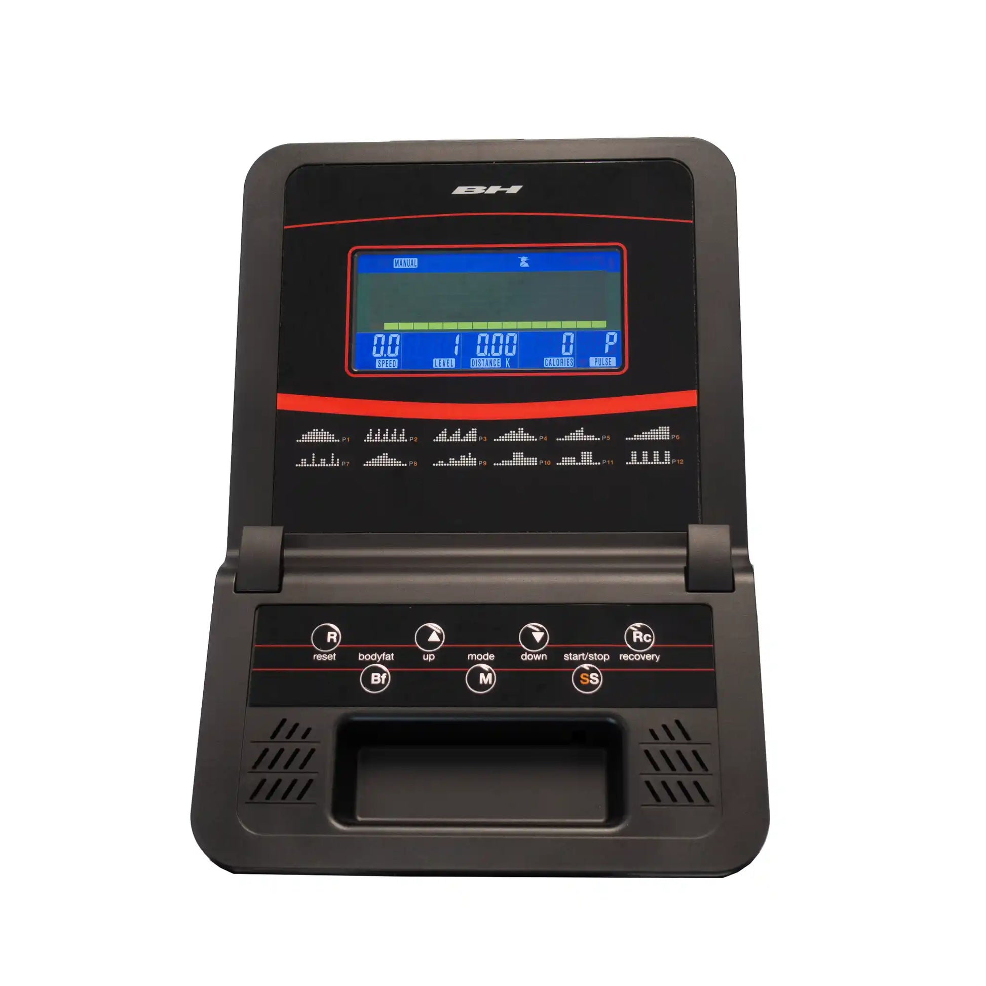 Digital cross trainer console with display and control buttons on a white background