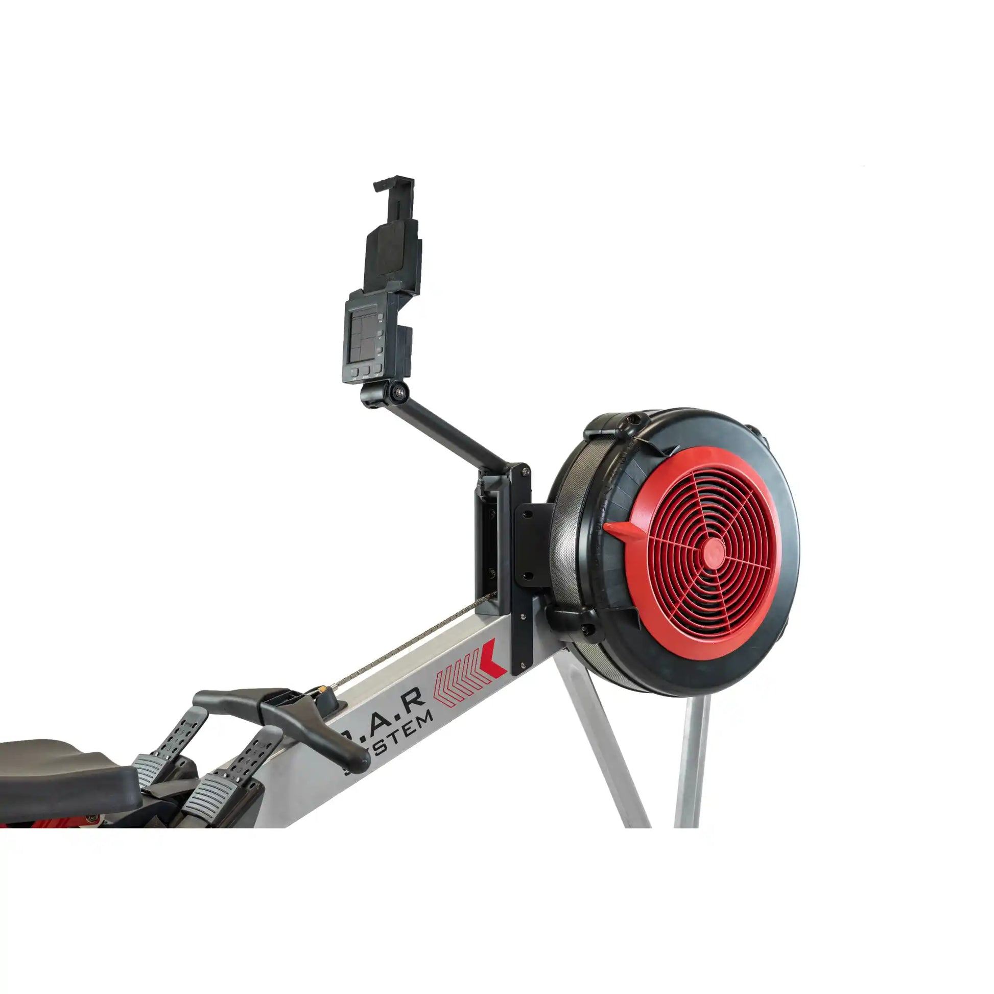 Rowing machine with a red flywheel on a white background