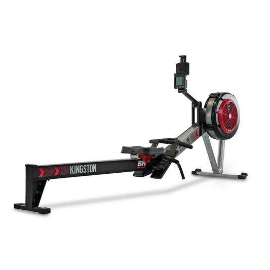 Rowing machine with red and black design on a white background