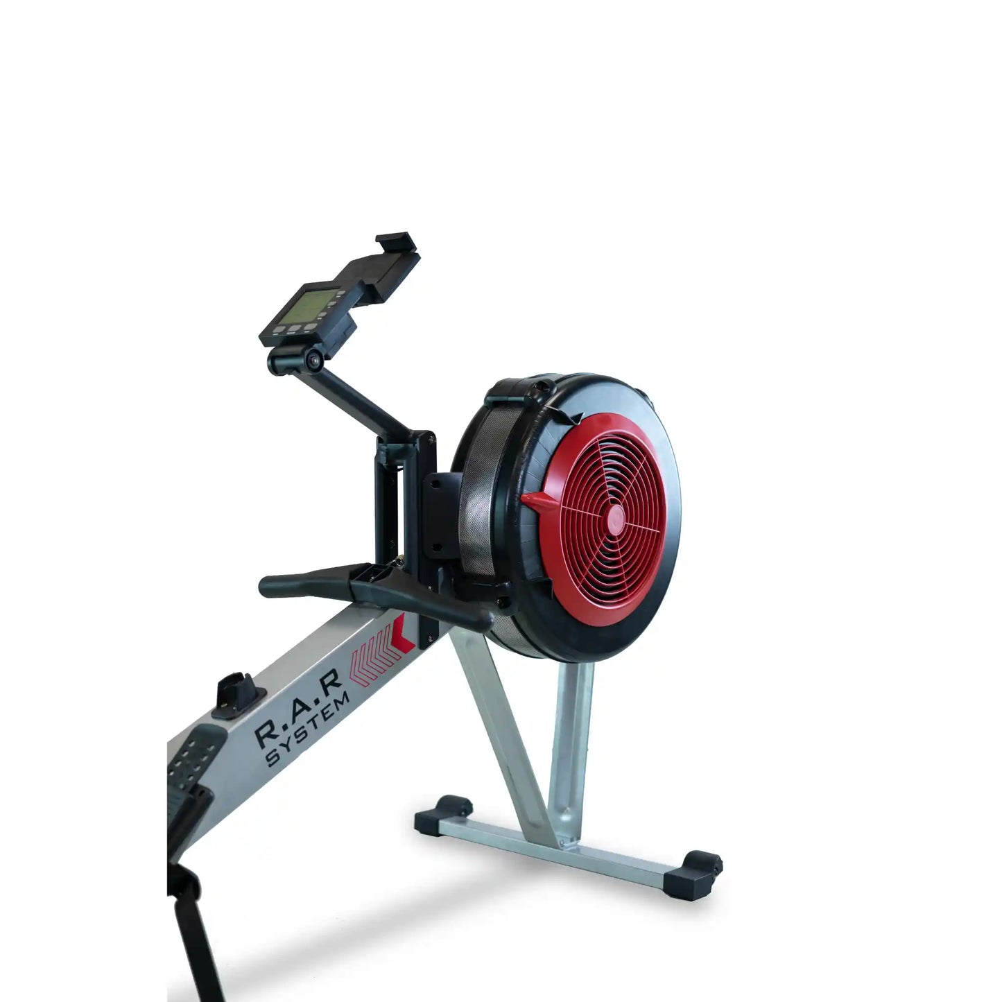 Rowing machine with red flywheel on a white background