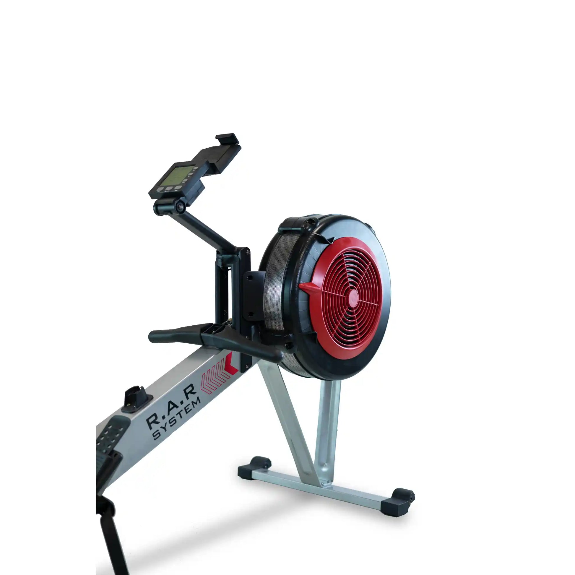 Rowing machine with red flywheel on a white background