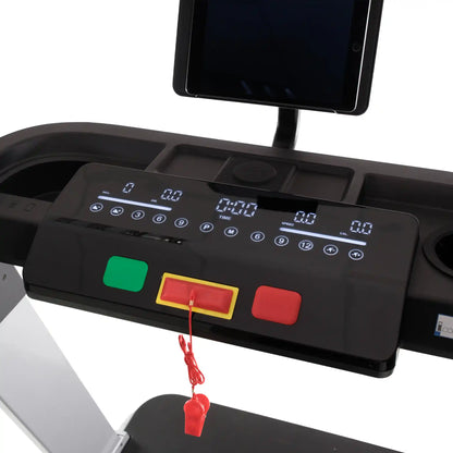 Control panel of a treadmill with digital display and buttons on a white background
