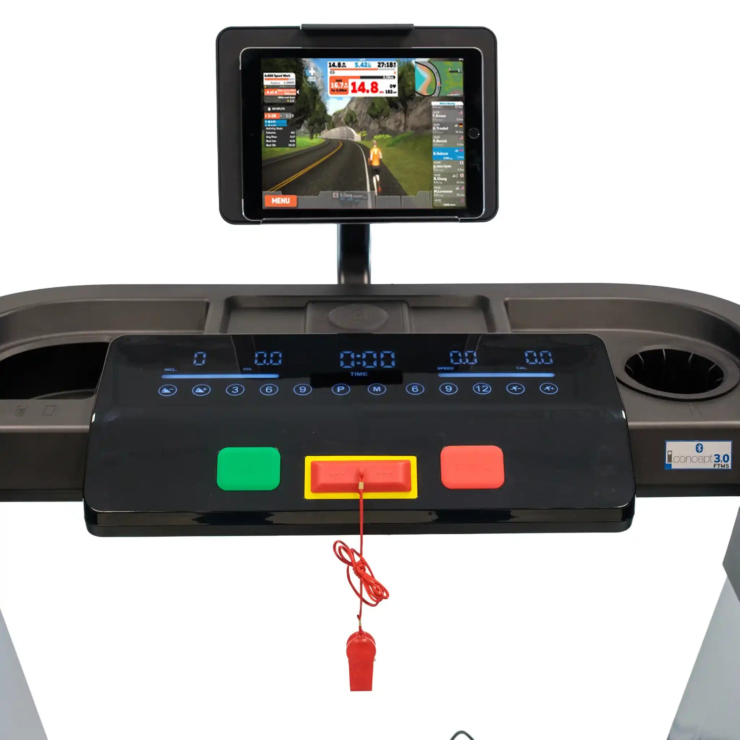 Treadmill with a screen displaying a virtual running game on a white background