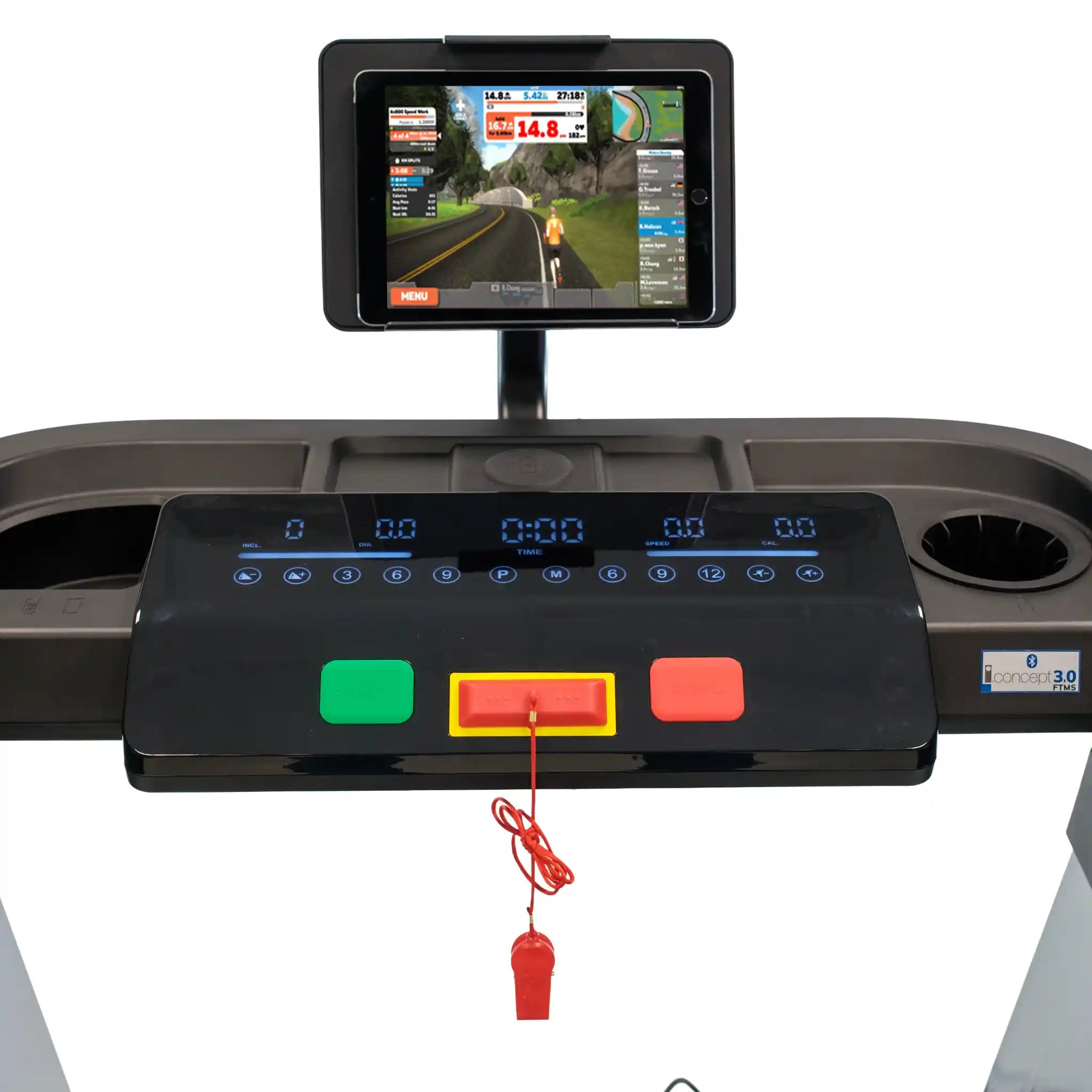 Treadmill with a screen displaying a virtual running game on a white background