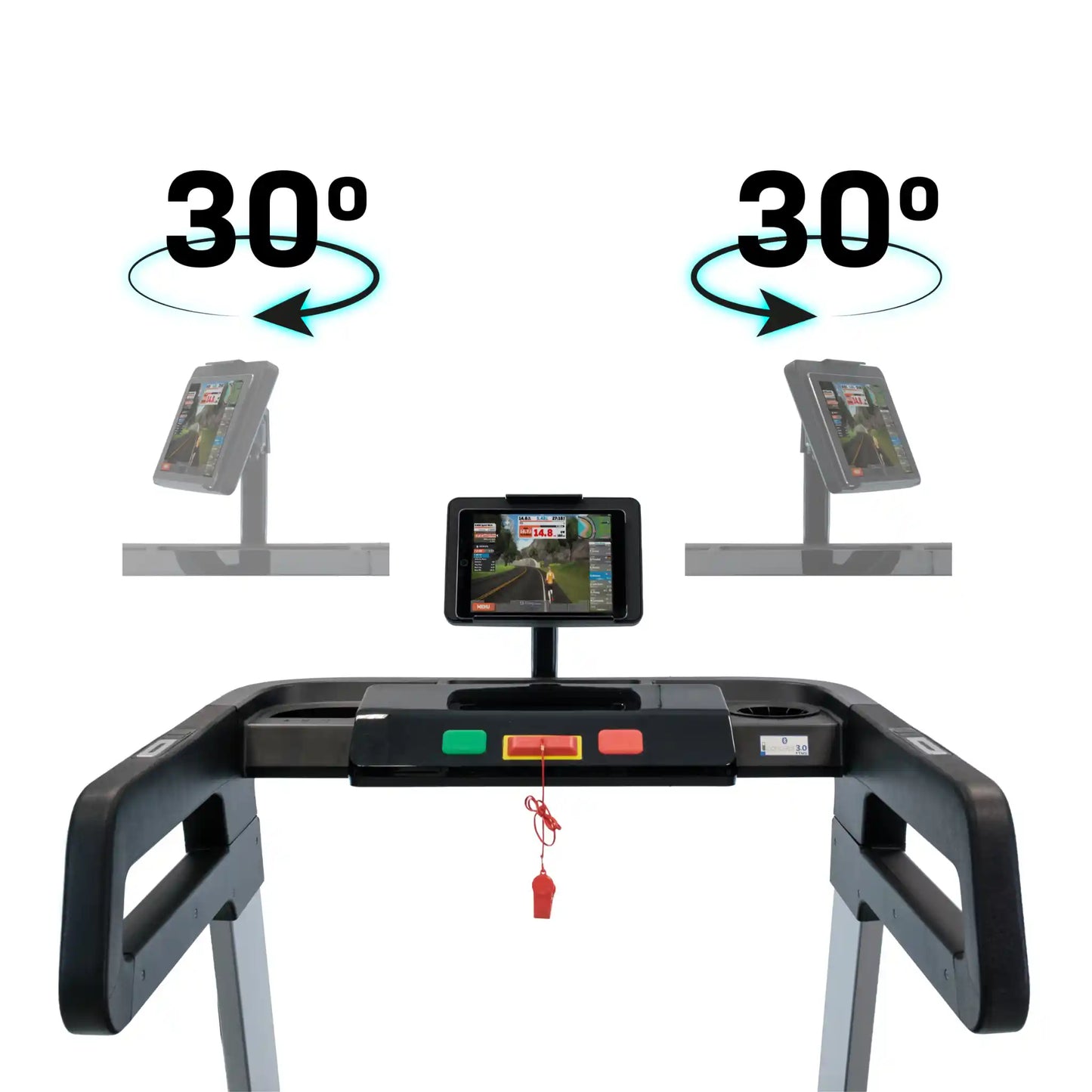 Simulator stand with adjustable angles and screen displays on a white background