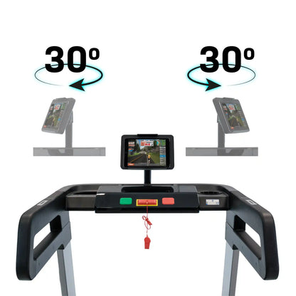 Simulator stand with adjustable angles and screen displays on a white background