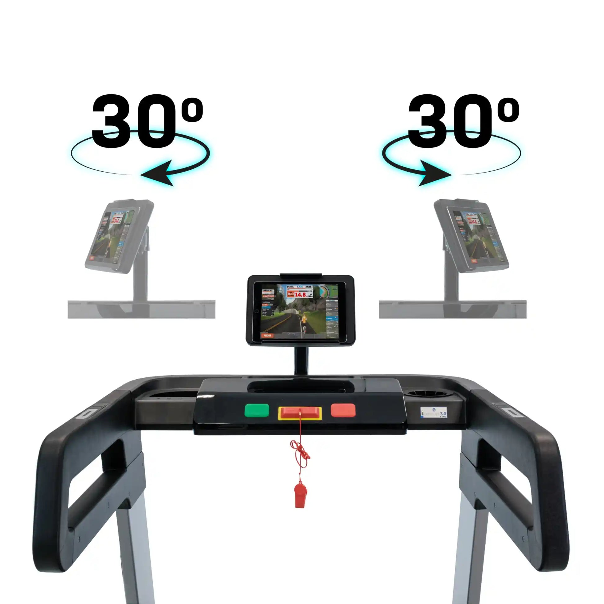 Simulator stand with adjustable angles and screen displays on a white background