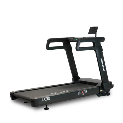 Black treadmill with 'Luxor' branding on a white background