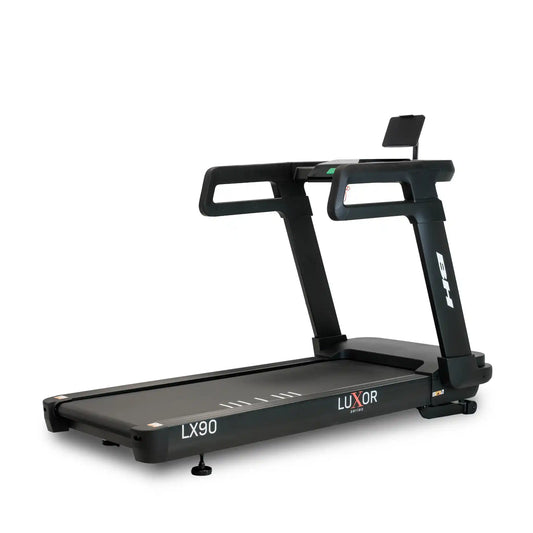 Black treadmill with 'Luxor' branding on a white background