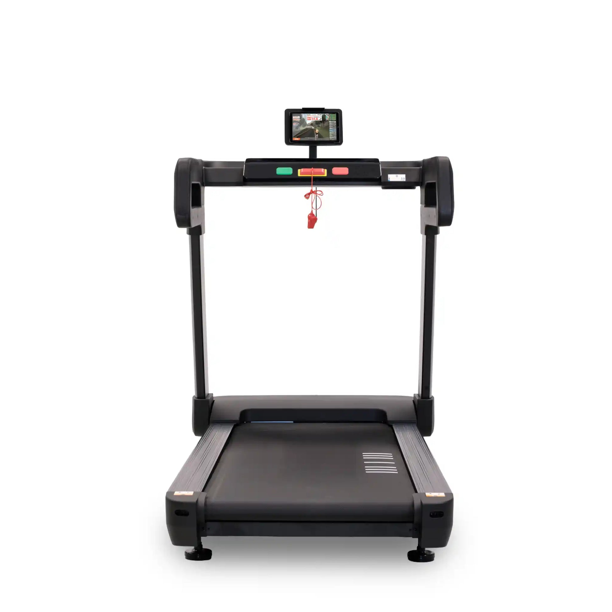 Black treadmill with a digital display on a white background