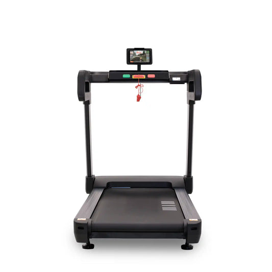 Black treadmill with a digital display on a white background