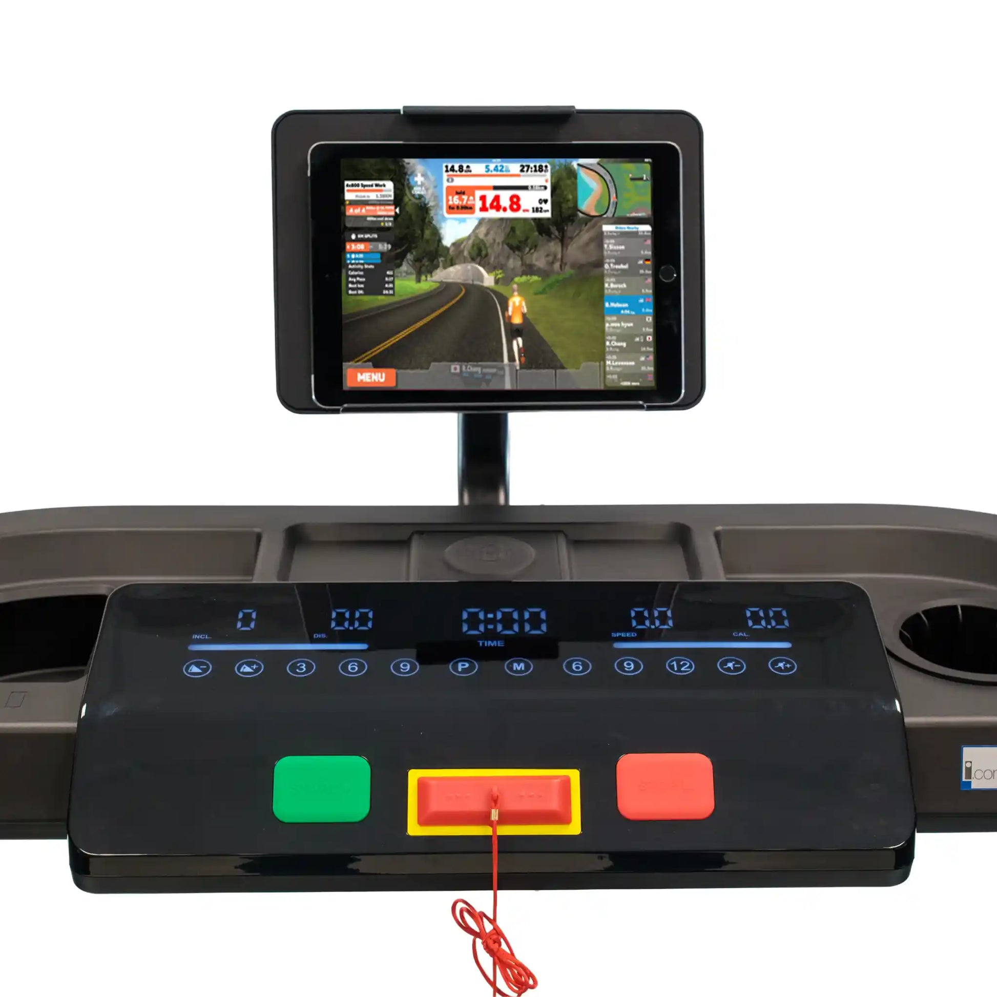Treadmill with a tablet mount displaying a fitness app on a white background
