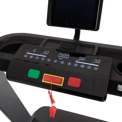 Control panel of a treadmill with digital display and buttons on a white background