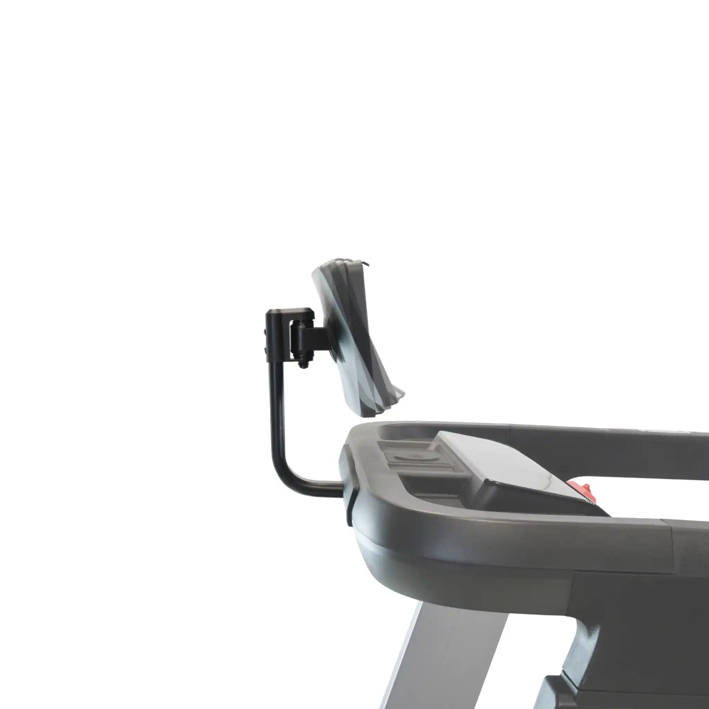 Treadmill with a mounted tablet holder on a white background