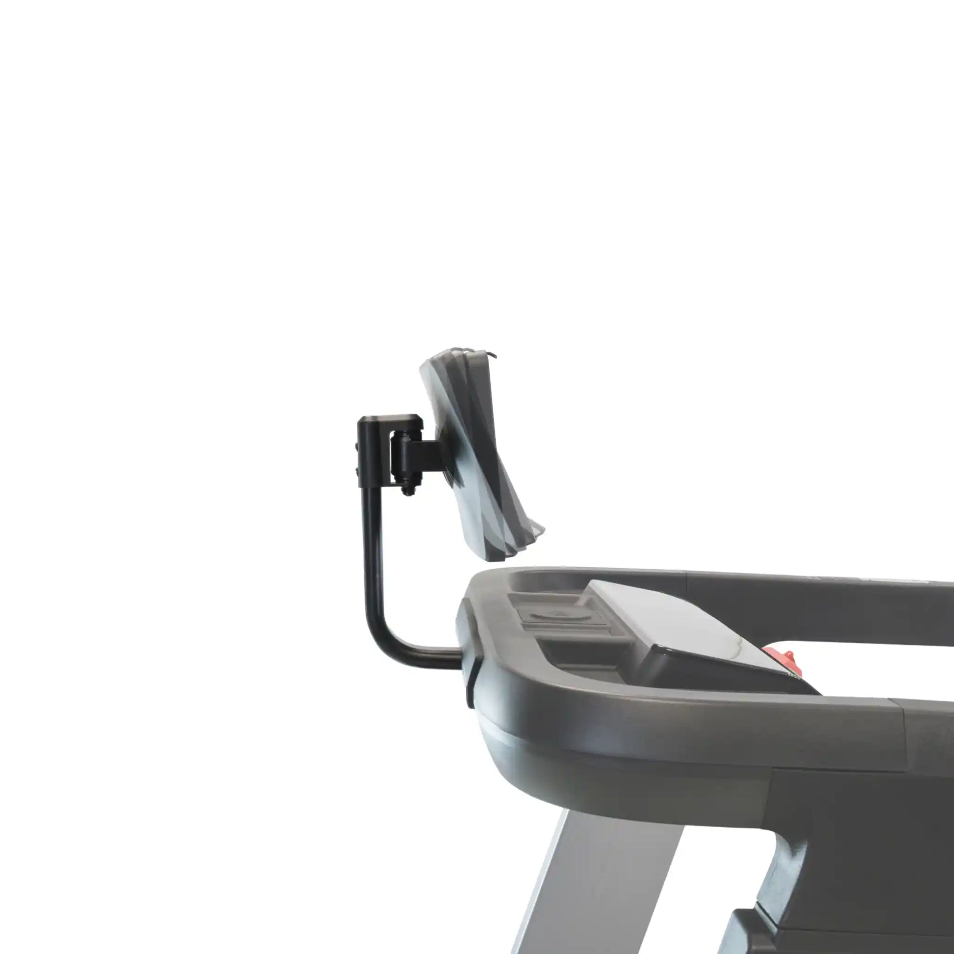 Treadmill with a mounted tablet holder on a white background