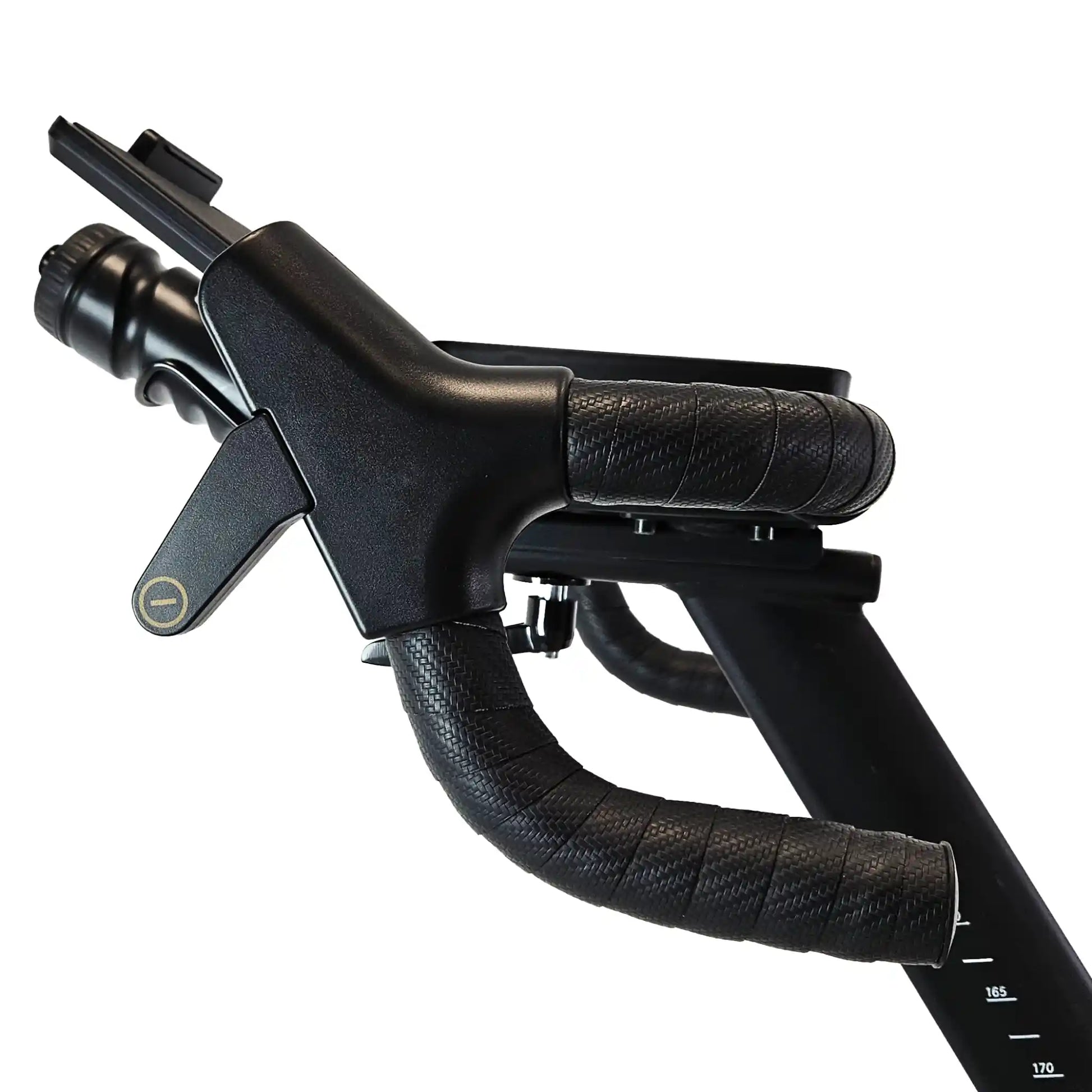 Close-up of a black exercise bike handlebar with throttle grip on a white background