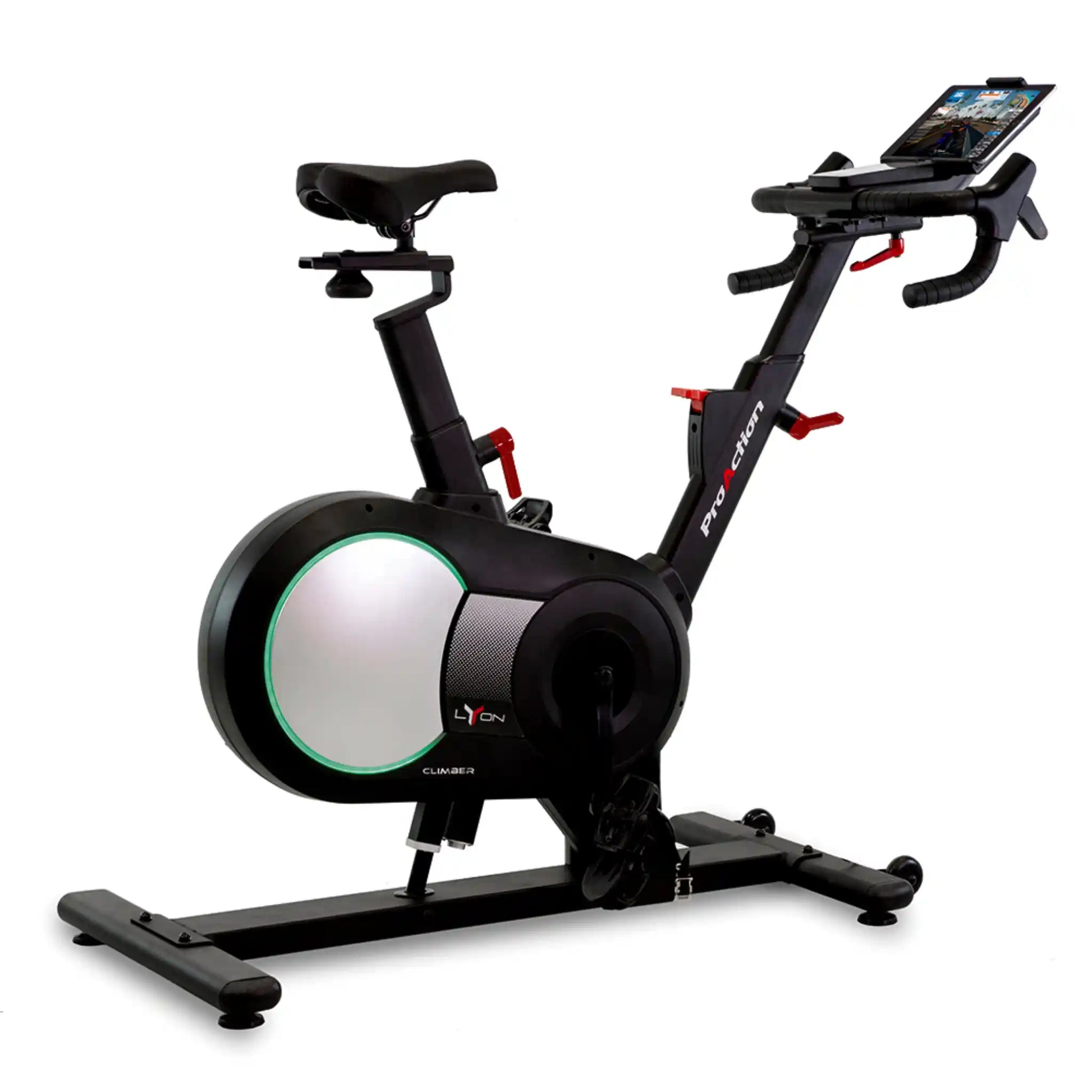 Black exercise bike with a tablet mount on a white background