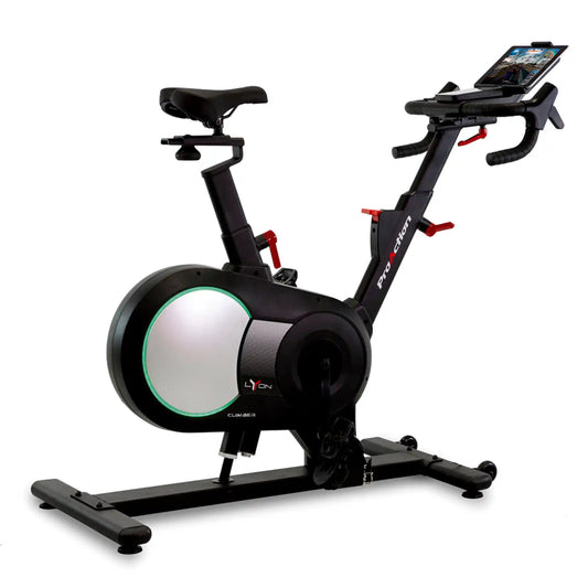 Black exercise bike with a tablet mount on a white background