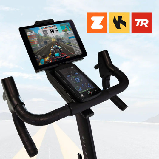 Exercise bike with tablet mount displaying a racing game, against a light blue gradient background with three logos.