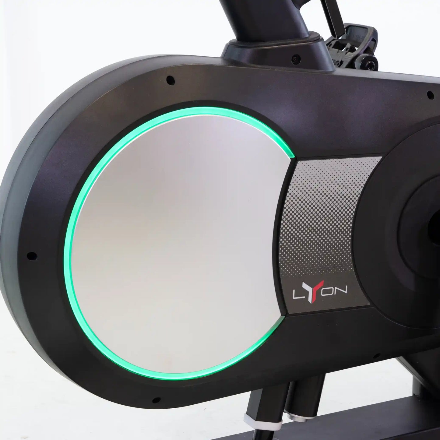 Close-up of a stationary bike with a visible brand logo on a white background