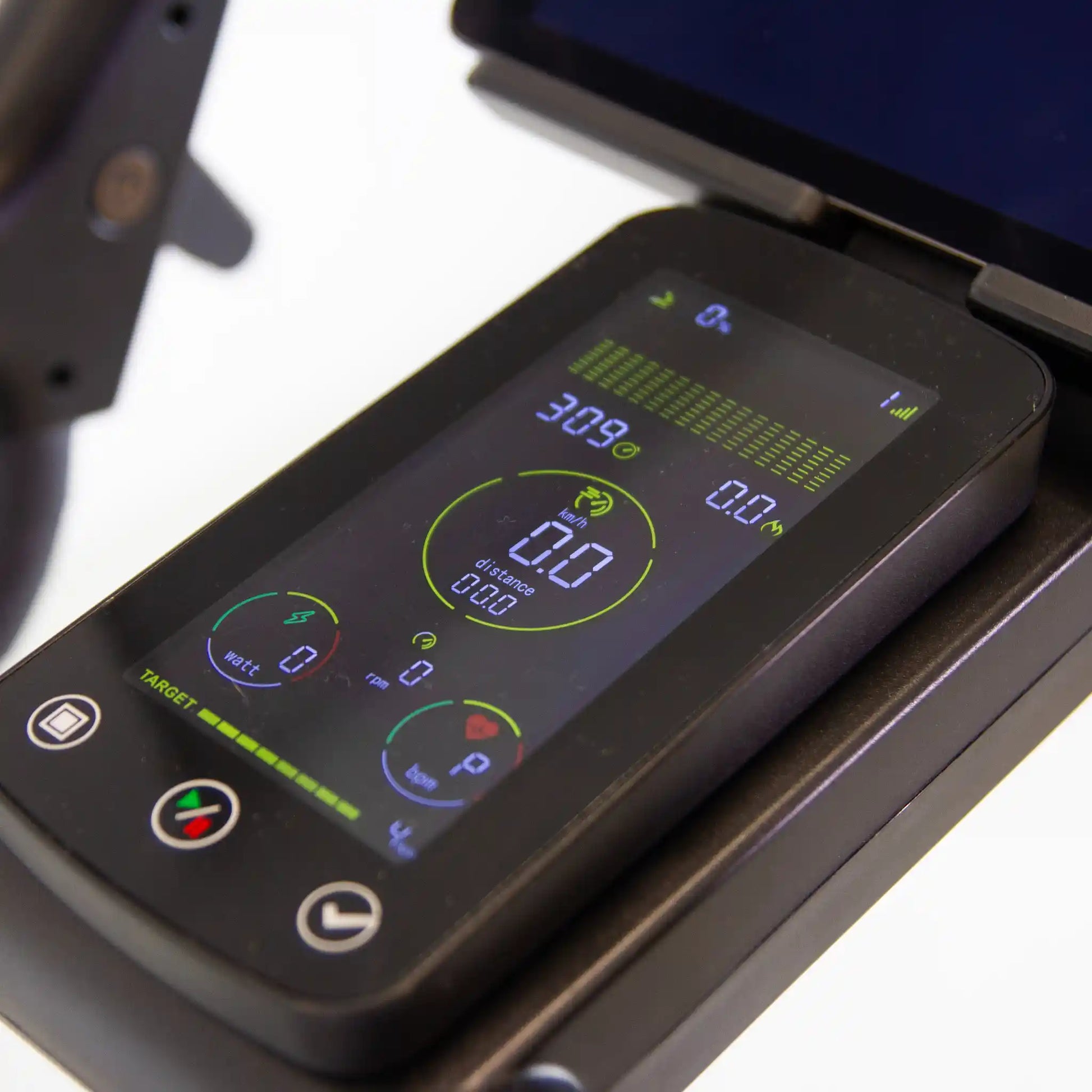 Digital display on an exercise bike with a white background