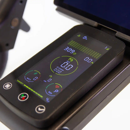 Digital display on an exercise bike with a white background