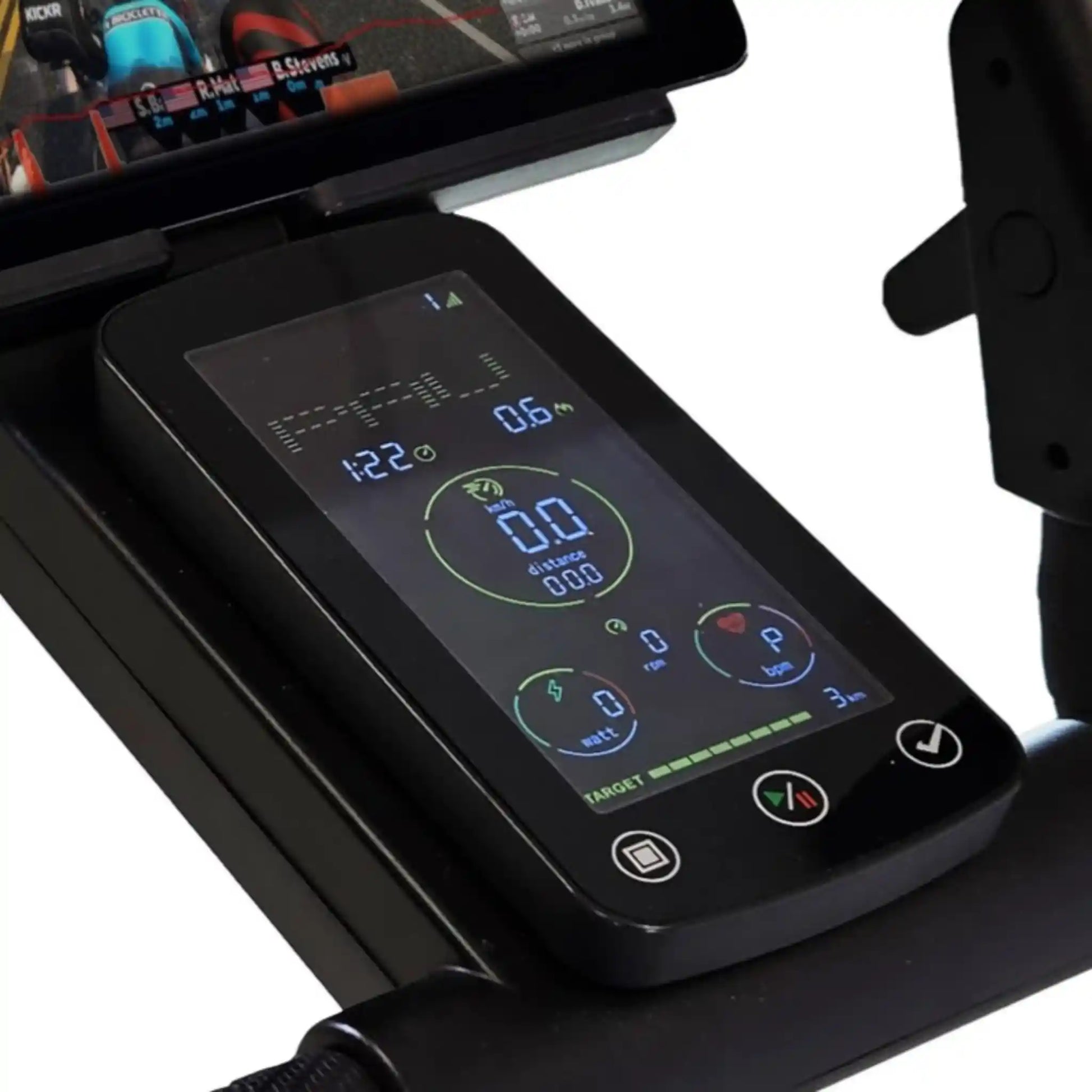 Digital display on an exercise bike with a white background
