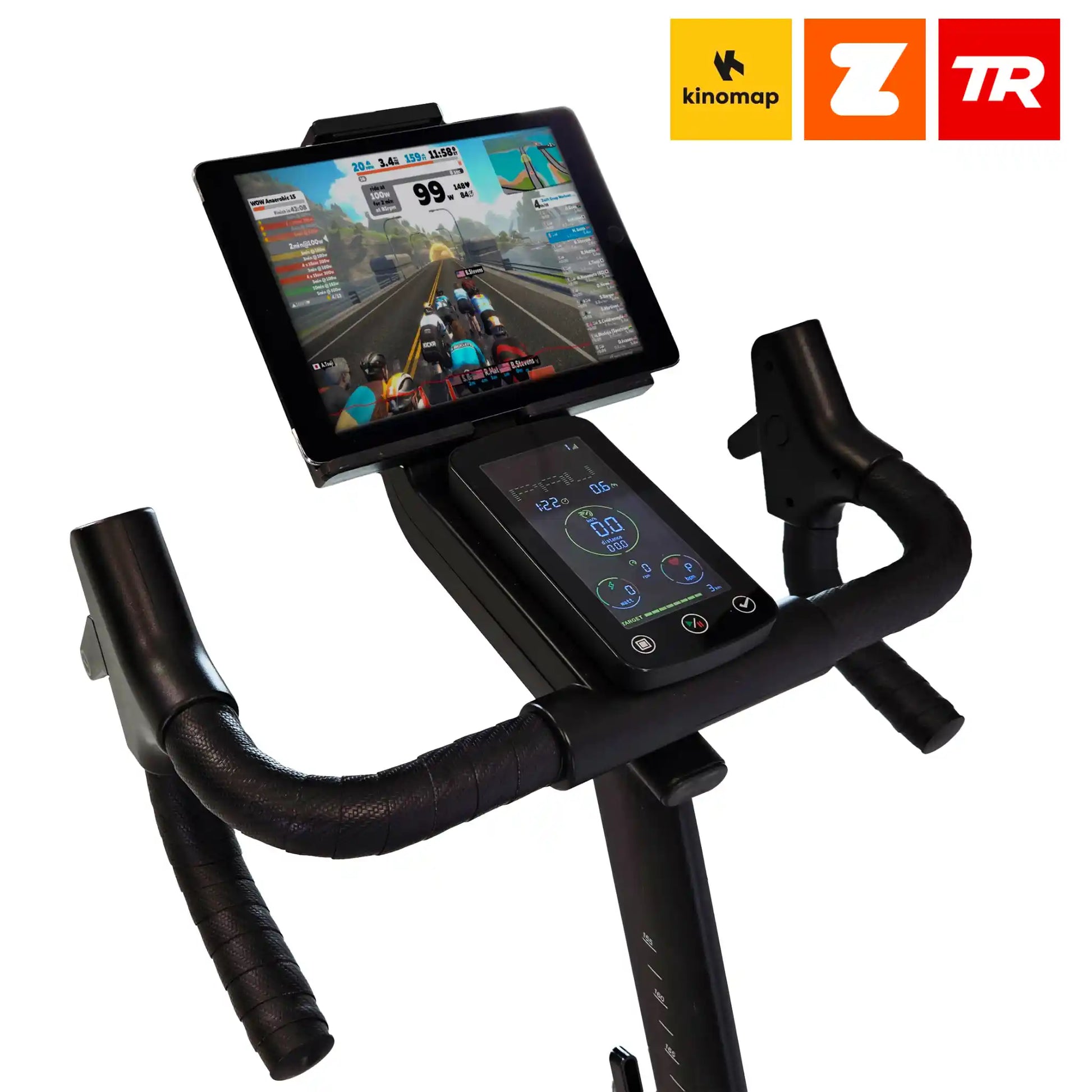 Exercise bike with a tablet displaying a cycling app on a white background, featuring Kinomap, Zortrax, and TR logos.