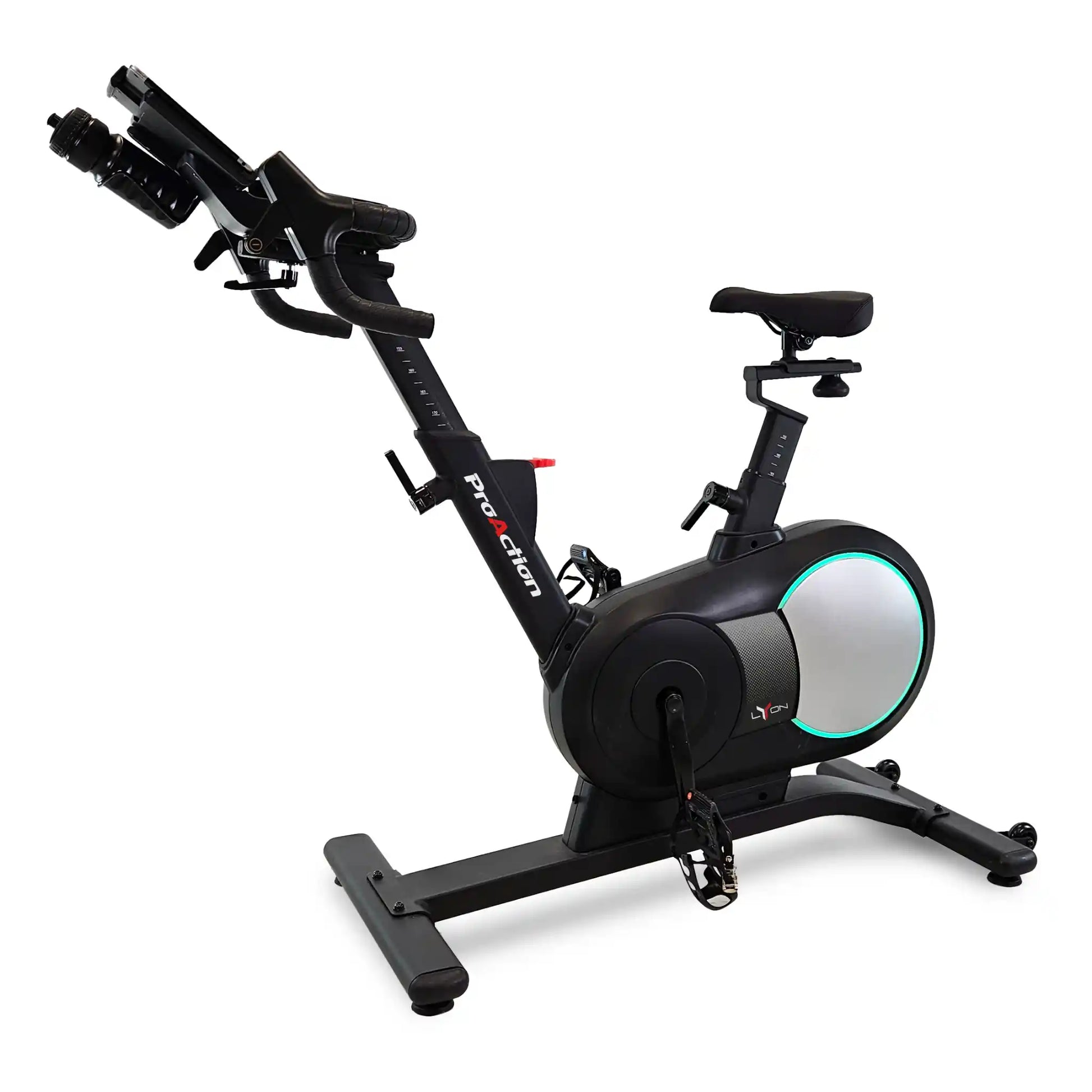 Black exercise bike with digital display on a white background
