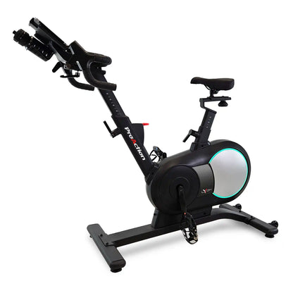 Black exercise bike with digital display on a white background