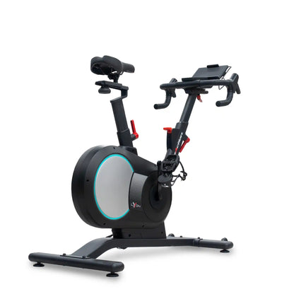 Black exercise bike with a tablet mount on a white background