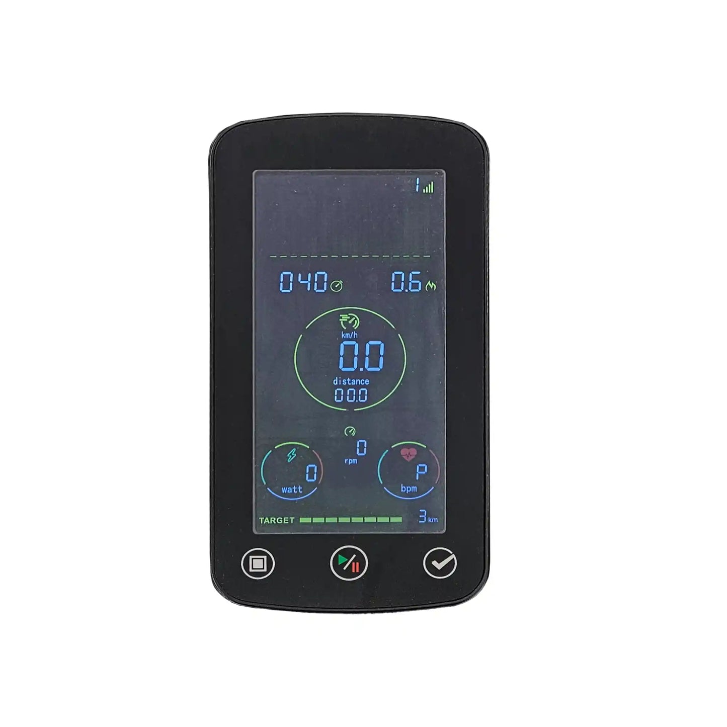 Exercise bike display device with a screen displaying various icons and numbers on a white background