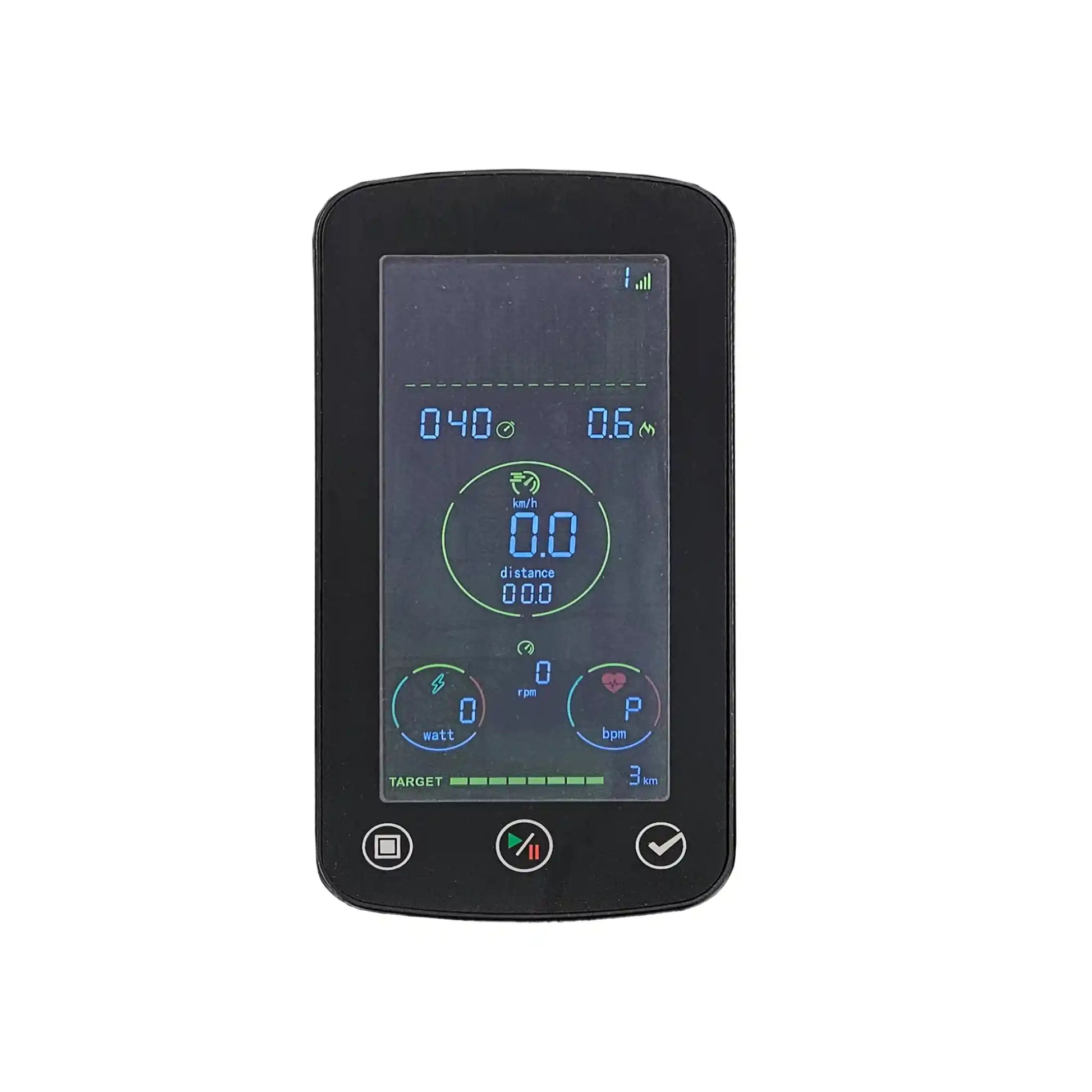 Exercise bike display device with a screen displaying various icons and numbers on a white background