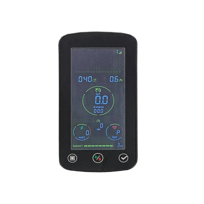 Exercise bike display device with a screen displaying various icons and numbers on a white background