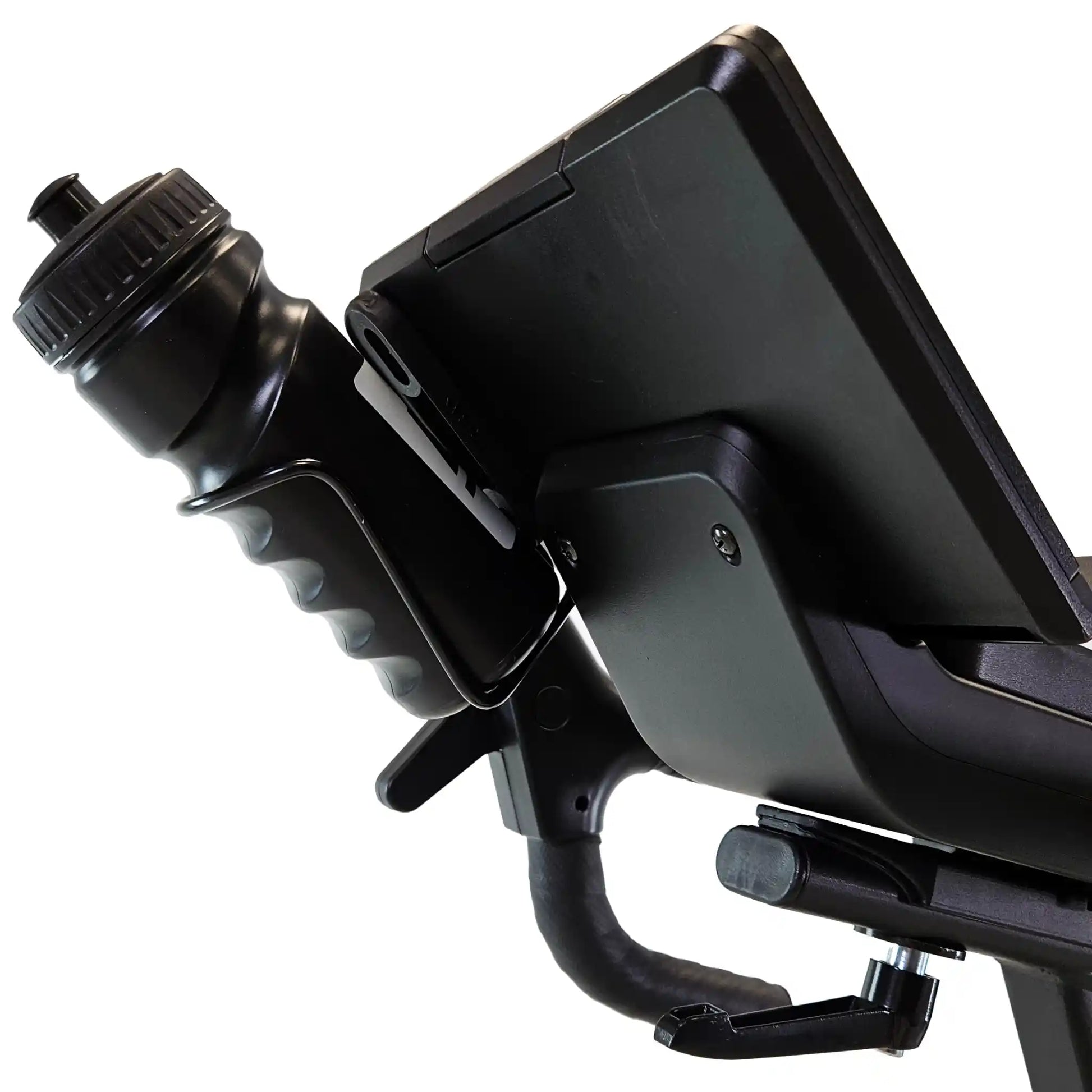 Black water bottle and screen holder on an exercise bike with a white background