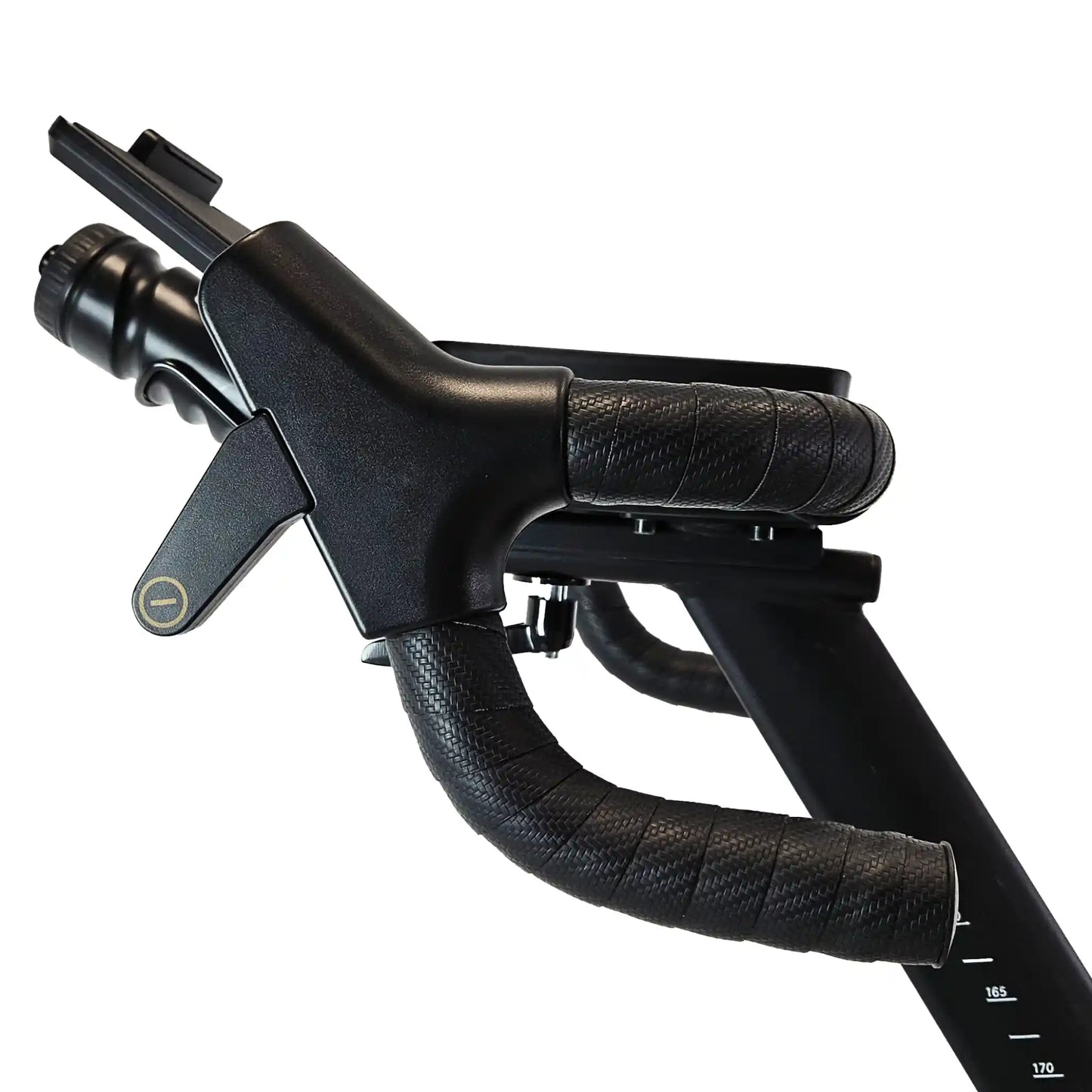 Close-up of exercise bike handlebar with throttle grip on a white background