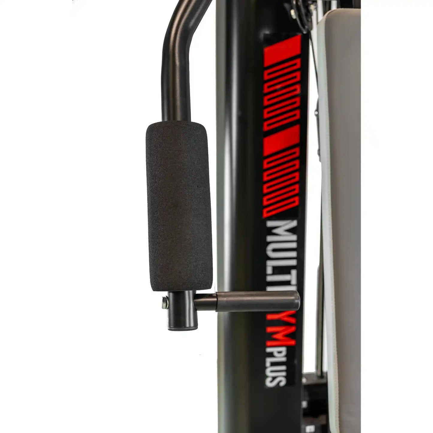 Close-up of a black handles on a multi gym with a white background