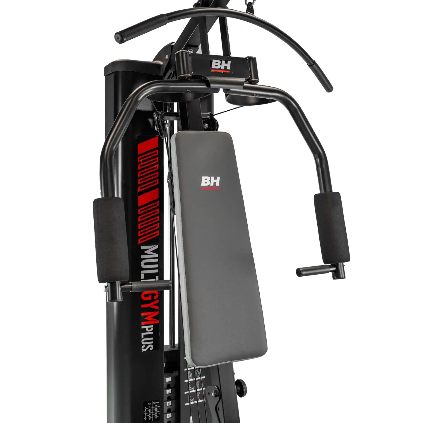 Black gym machine with 'BH' branding on a white background