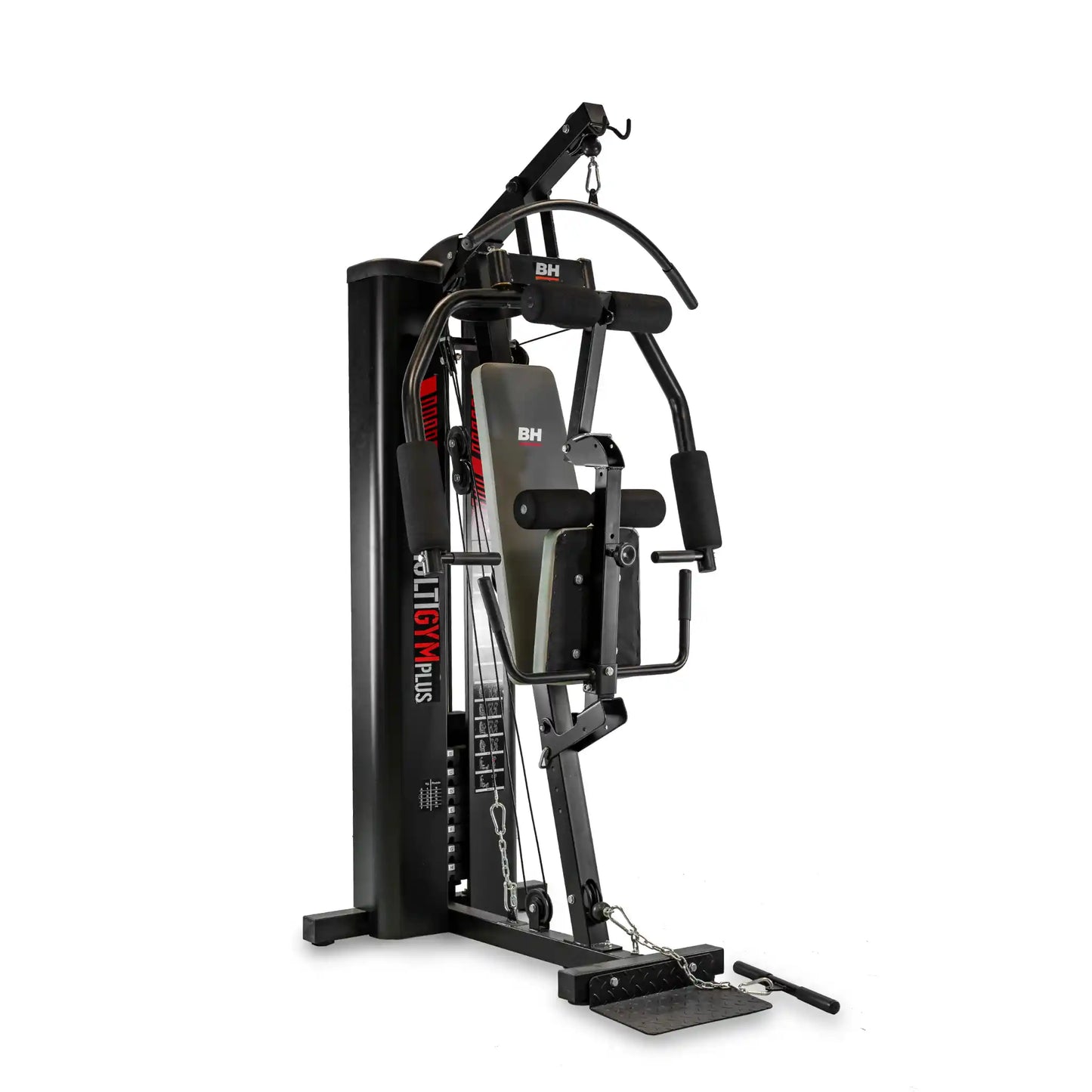 Black gym machine with 'BH' branding on a white background