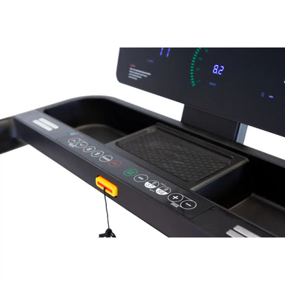 Treadmill control panel with digital display on a white background