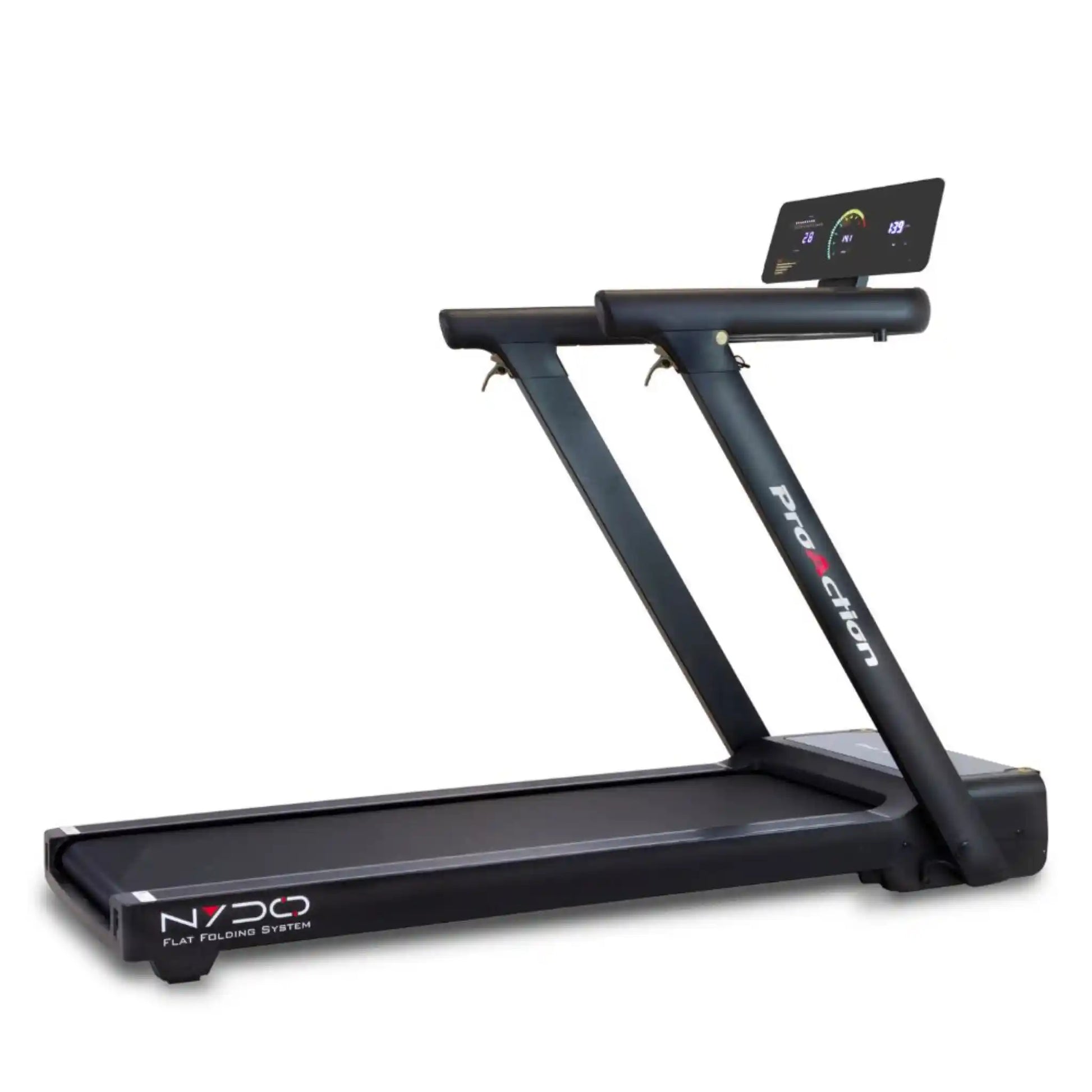 Black treadmill with digital display on a white background
